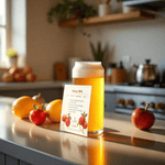 Un vaso lleno de cerveza, frutas y una receta sobre un mesón en una cocina