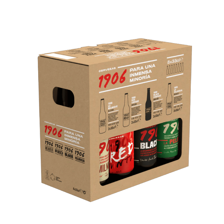 Esta caja de cervezas 1906 incluye ocho botellas de 33 cl en total, distribuidas en dos unidades cada una: Reserva Especial, Red Vintage, Black Coupage y Galician Irish Red Ale para una experiencia de cata completa