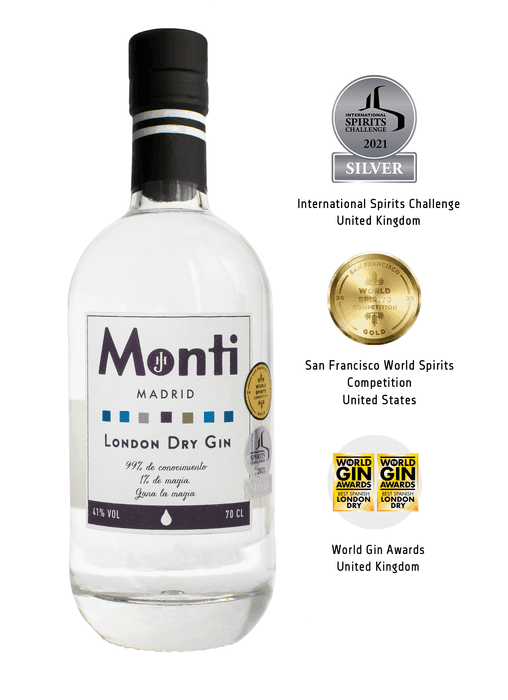 Ginebra Monti de destilerías HJ Monti, botella de 70 cl