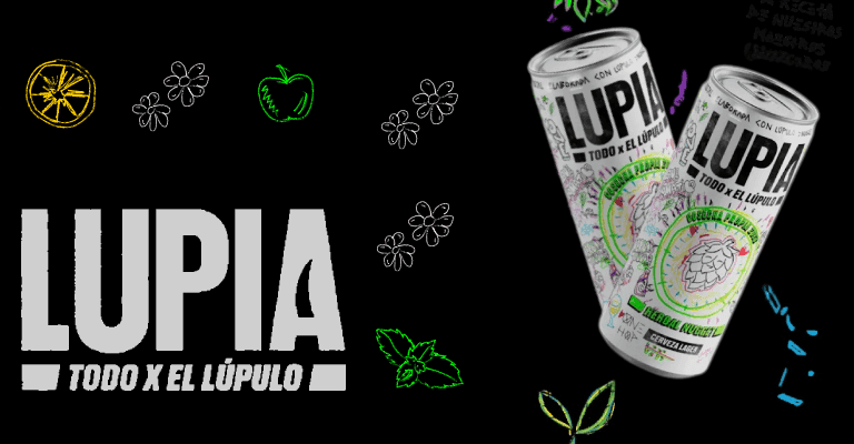 dos latas de cerveza Lupia con logo