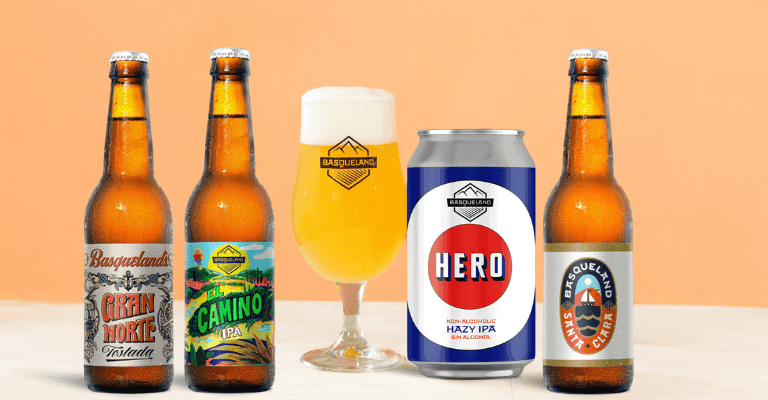 botellas, copa y lata de cerveza Basqueland
