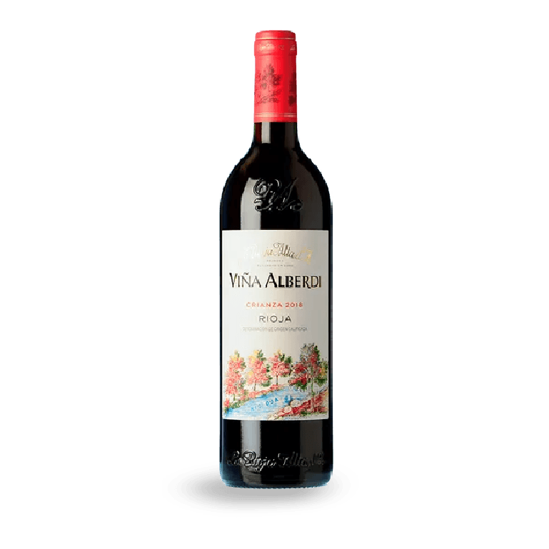 Una botella de vino Viña Alberdi Crianza 2019 con sombra