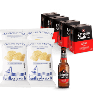 Pack Estrella Galicia Especial, 24 botellas de 25 cl + patatas Bonilla A La Vista, 4 bolsas de 150 g