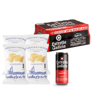 Pack Beer & Chips Estrella Galicia Especial, 24 latas de 33 cl + Patatas Bonilla A La Vista, 4 bolsas de 150 g