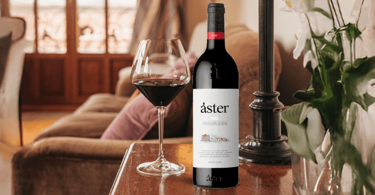 botella de vino Áster y copa