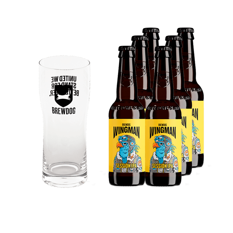 6 botellas de cerveza de la marca Brewdog Wingman, con una etiqueta amarilla y un águila azul y un vaso de Brewdog