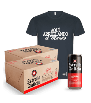 Camiseta gris, dos packs de 24 latas de 33 cl, cerveza y una lata de Estrella Galicia