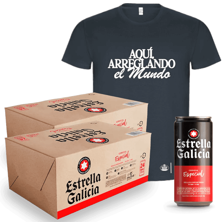 Lata de cerveza Estrella Galicia, dos packs de 24 latas de 33 cl y camiseta gris