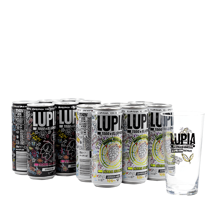 pack de 12 cervezas de la nueva marca de lupia con un vaso