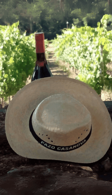 una botella de vino Pazo Casanova y un sombrero