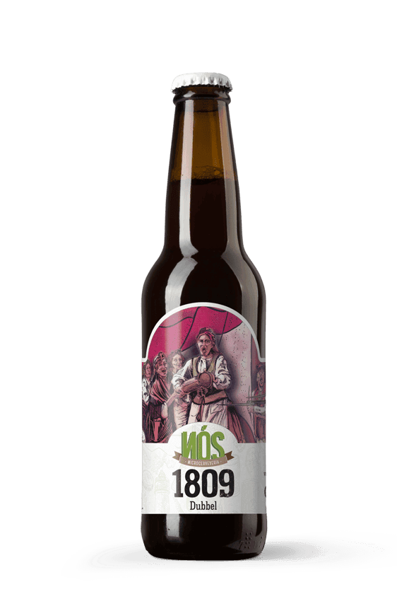 una botella de cerveza Nós 1809 Dubbel de 33 cl