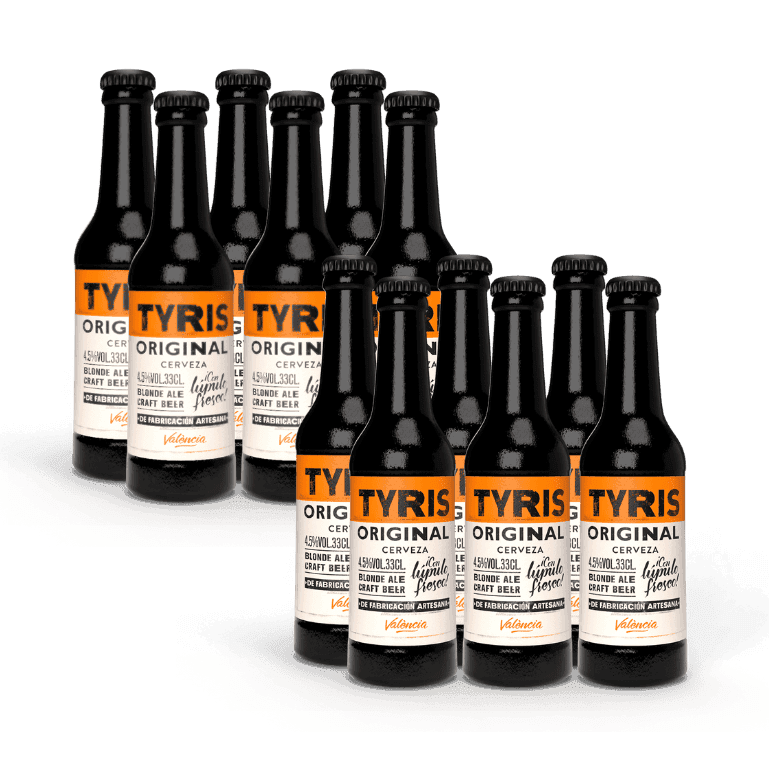 un pack de 12 botellas de cerveza Tyris Original