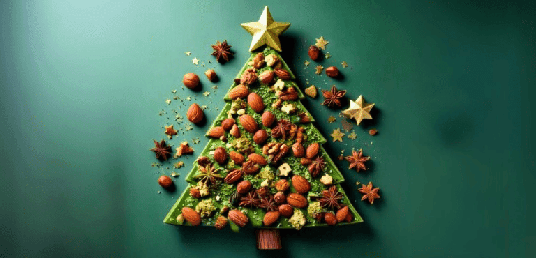 árbol de navidad comestible color verde decorado con frutos secos