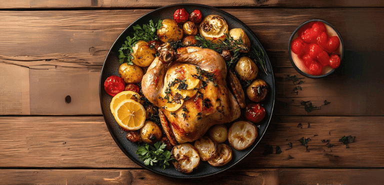 Una pularda para Navidad con vegetales y limón sobre una mesa