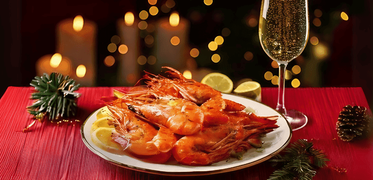 un plato de gambones al horno y una copa de vino para maridar