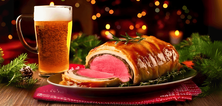 Un Solomillo Wellington y un vaso de cerveza en una mesa navideña