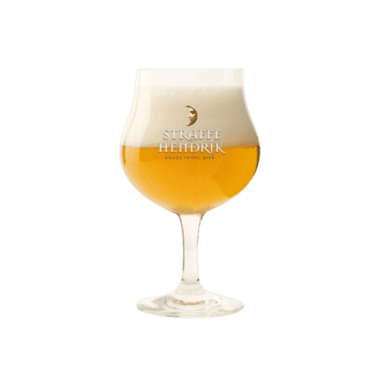 copa de cristal llena de cerveza con logo Straffe Hendrik