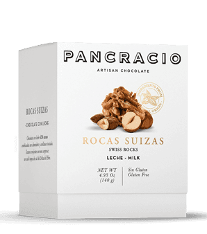 Una caja de rocas suizas chocolate con leche de Pancracio color blanca