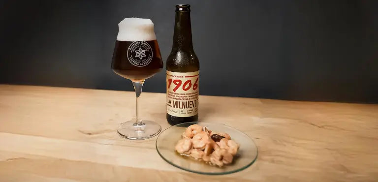 Maridaje de Cerveza 1906 La Milnueve y langostinos al ajillo