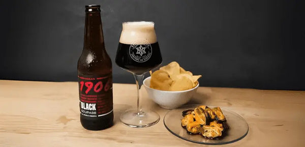 Maridaje de cerveza 1906 Black Coupage y mejillones en escabeche