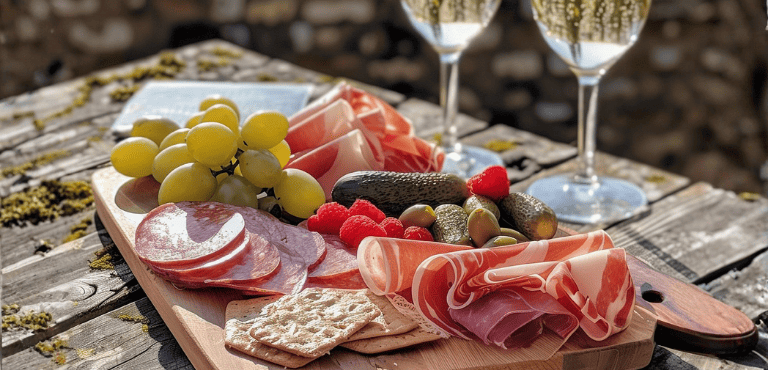 Una tabla con embutidos variados, jamón, chorizo, además uvas, galletas y otros aperitivos con dos copas de vino espumoso que marida bien como aperitivo para cualquier ocasión