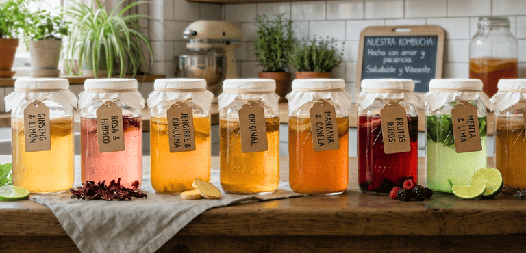 Varios tarros con kombuchas de diversos sabores, una bebida deliciosa que trae beneficios para la salud.