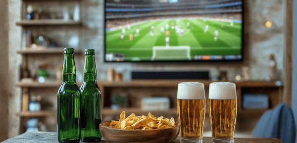 Cervezas con patatas para maridar mientras se disfruta de un partido de fútbol en la televisión con un aperitivo clásico y delicioso.