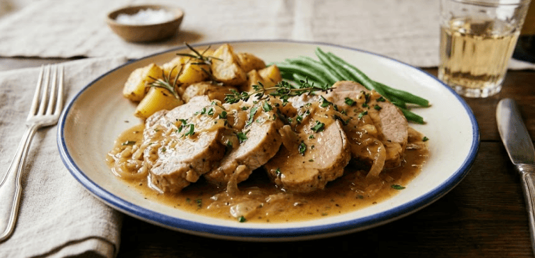 Un plato de lomo de cerdo al vino blanco con carne jugosa preparada con una receta tradicional de toda la vida.