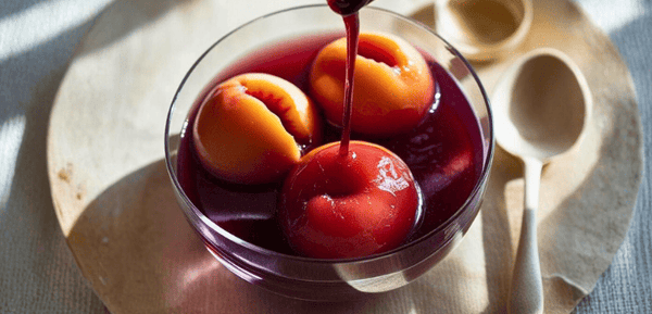 Una copa con melocotón con vino, que es un postre tradicional aragonés de melocotón macerado en vino tinto con azúcar, servido bien frío para resaltar su frescura y aroma