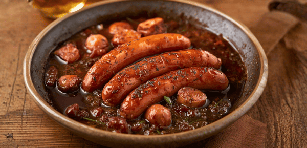 Una plato con butifarra al vino, una receta deliciosa que se marca un tanto con una salsa de cebollita caramelizada que es puro vicio y es ideal para acompañar con pan.