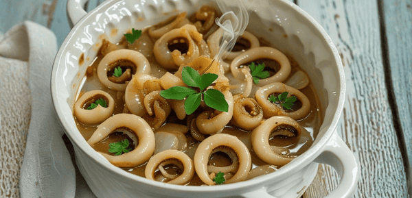 Chipirones tiernos, salteados con cebolla caramelizada y un toque aromático de vino blanco, servidos con un jugoso chorrito de su propio caldo
