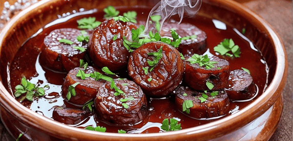 Olla humeante de chorizo jugoso, cocinado lentamente en vino tinto que le confiere un sabor intenso y aromático, listo para compartir