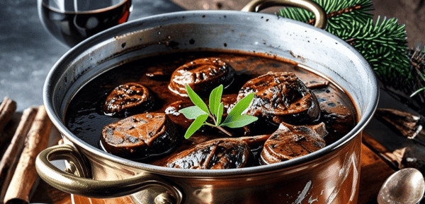 Una olla con trozos de corzo jugoso cocinado lentamente en vino tinto, con romero, ajo y una pizca de pimienta, que carameliza la carne y le da un sabor profundo y aromático, preparado con salsa reducida, es un plato elegante y reconfortante