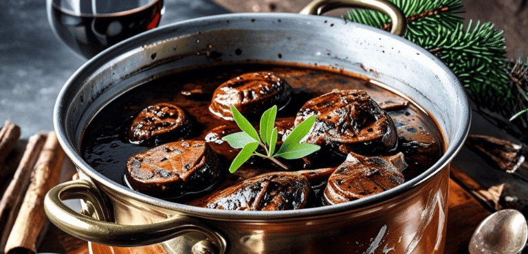 Una olla con trozos de corzo jugoso cocinado lentamente en vino tinto, con romero, ajo y una pizca de pimienta, que carameliza la carne y le da un sabor profundo y aromático, preparado con salsa reducida, es un plato elegante y reconfortante