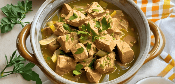 Olla vibrante de atún tiernamente salteado con cebolla caramelizada, bañado en un rico vino blanco que realza su sabor y aroma