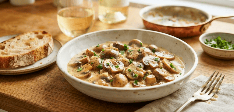Deliciosa receta de champiñones en salsa de vino blanco servida en plato rústico con perejil y pan.