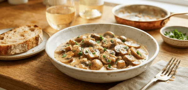 Deliciosa receta de champiñones en salsa de vino blanco servida en plato rústico con perejil y pan.