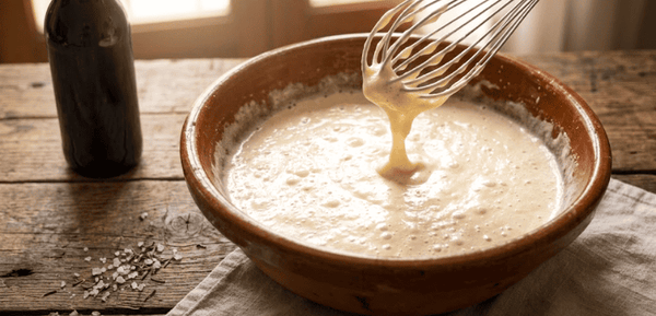 Preparación de la receta de pasta orly con cerveza mostrando una varilla batiendo la masa burbujeante en un bol de barro.