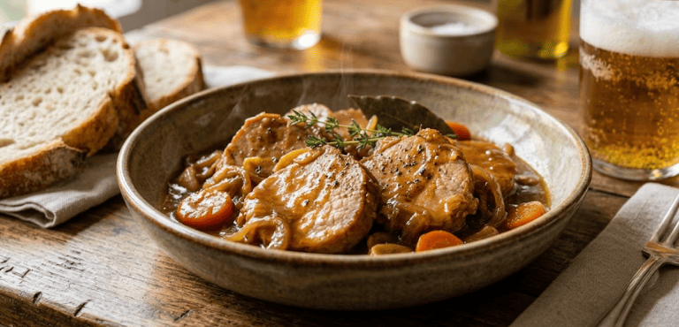 Un plato con lomo de cerdo a la cerveza con cebolla, zanahoria y pan rústico.
