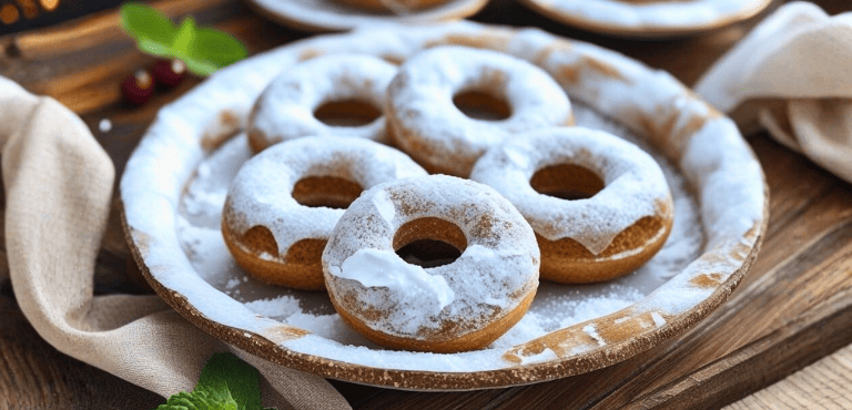 Un plato lleno con roscos de vino que son pequeños bizcochos y espolvoreados con azúcar glas, servidos como un dulce tradicional en bandeja, su receta es fácil y rápida de preparar, ideal para sorprender a los invitados