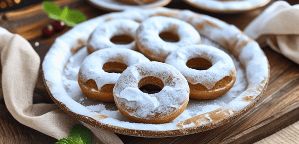 Un plato lleno con roscos de vino que son pequeños bizcochos y espolvoreados con azúcar glas, servidos como un dulce tradicional en bandeja, su receta es fácil y rápida de preparar, ideal para sorprender a los invitados