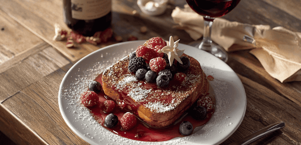 Un plato con la receta de torrijas de vino, que es la evolución maestra del postre tradicional, mezclando pan jugoso, canela y el carácter del vino en un bocado brutal, con frutos rojos y azucar glas encima