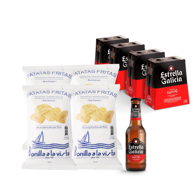 Pack Estrella Galicia Especial, 24 botellas de 25 cl + patatas Bonilla A La Vista, 4 bolsas de 150 g