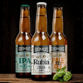 3 botellas de 33 cl de cervezas Domus, una selección exclusiva que reúne tres  recetas distintas para explorar desde la ligereza hasta la potencia.