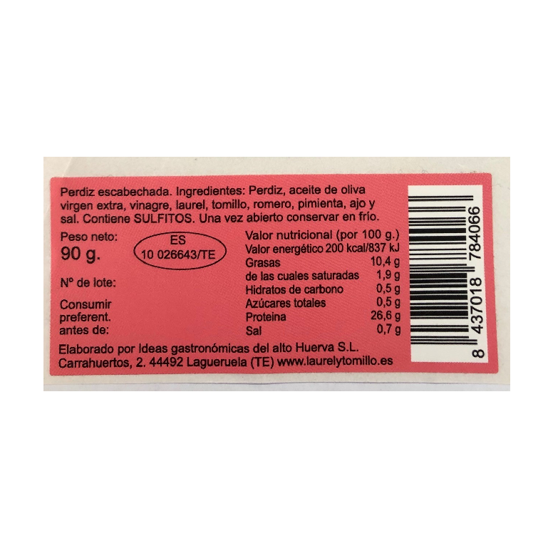 Virutas de perdiz escabechada de Laurel & Tomillo, 2 tarros de 90 g