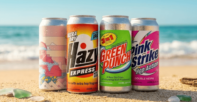 Playa con latas de cerveza Río Azul, una cervecera moderna que destaca por crear cervezas vibrantes, equilibradas y con un perfil intensamente lupulado que conquista a cualquier paladar.