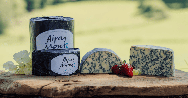 Varios quesos Savel de Airas Moniz al aire libre con fresas y uvas para maridar, un queso azul único y rebelde, elaborado con leche cruda de vaca Jersey, con intensas vetas azul-verdosas y una textura untuosa.