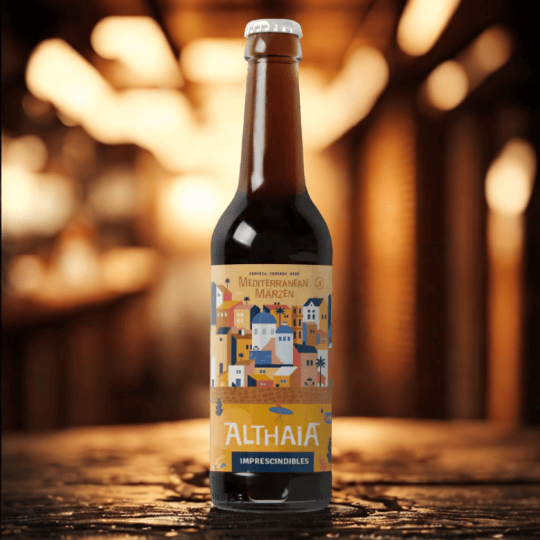 Una botella de Althaia Mediterranean Märzen de 33 cl, lager sin gluten de 4,8 % ABV con notas de caramelo, almendra y cacao, ganadora de plata en el Barcelona Beer Challenge 2022