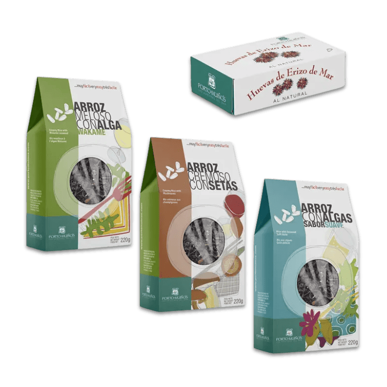 Pack de arroces cremosos de: algas suaves, alga Wakame, setas y huevas de erizo al natural de Porto-Muiños