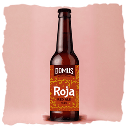 botella de 33 cl de Domus Roja, una Red Ale amable de perfil maltoso que combina el dulzor del caramelo con un toque afrutado muy fácil de beber.